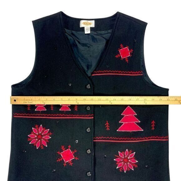 Talbots Holiday Vest Womens Large Black Red Wool Appliqué Embroidered Christmas - Picture 6 of 11